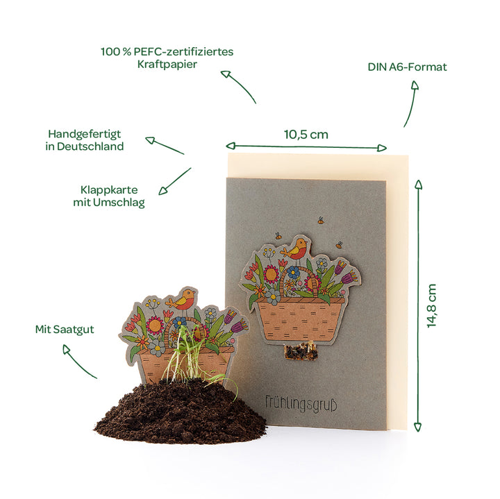 Tarjeta plegable con sobre en formato DIN A6, fabricada en papel kraft 100% certificado PEFC, hecha a mano en Alemania, con semillas de flores y motivo primaveral.