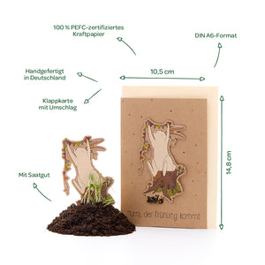 Tarjeta plegable de papel kraft con motivo de oso, sobre, semillas y etiquetas en alemán para materiales y dimensiones.