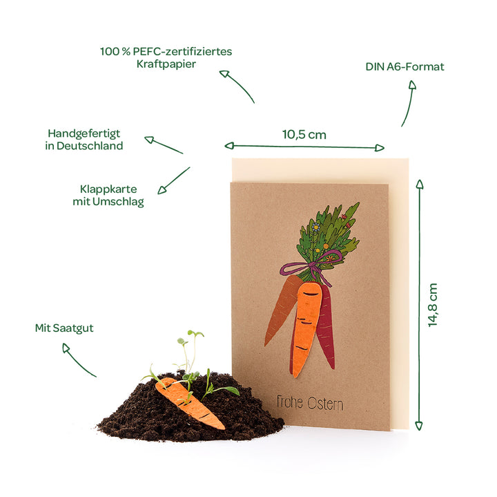 Tarjeta plegable con motivo de zanahoria y texto "Felices Pascuas", sobre DIN A6, hecha a mano con papel kraft con certificación PEFC y tierra con semillas al lado.