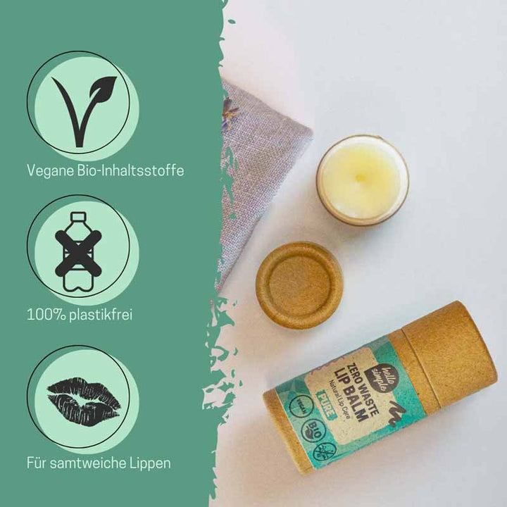 Bálsamo labial natural en envase sin plástico con ingredientes orgánicos veganos, junto a símbolos de propiedades respetuosas con el medio ambiente y labios suaves.