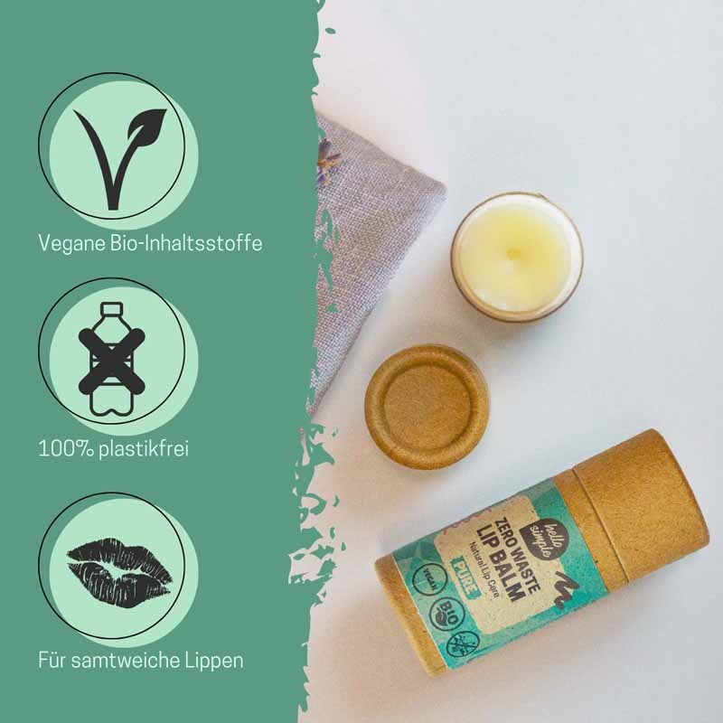 Bálsamo labial natural en envase sin plástico con ingredientes orgánicos veganos, junto a símbolos de propiedades respetuosas con el medio ambiente y labios suaves.