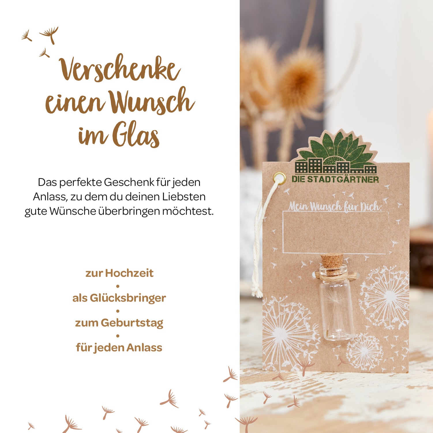 Imagen publicitaria para el concepto de regalo "Wish in a Jar" con texto, un vaso sobre una tarjeta y flores secas de fondo.