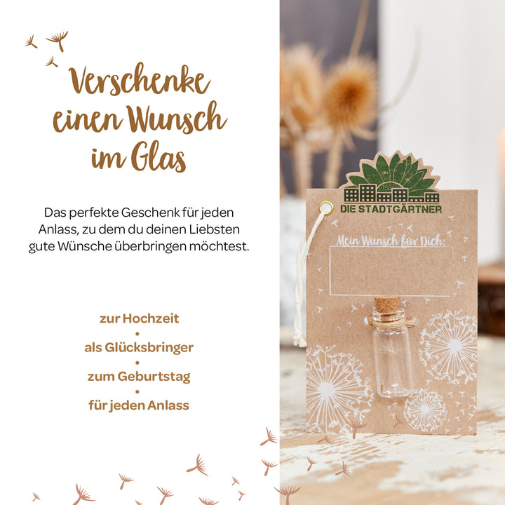 Imagen publicitaria para el concepto de regalo "Wish in a Jar" con texto, un vaso sobre una tarjeta y flores secas de fondo.