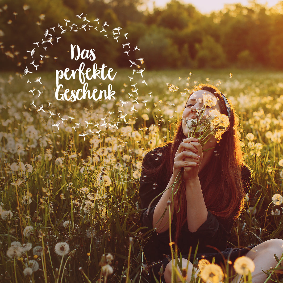 Mujer feliz sentada en un campo de dientes de león y oliendo flores con el texto "El regalo perfecto" encima.
