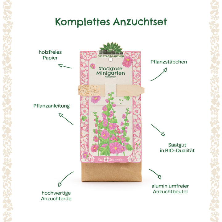 Kit completo de cultivo de malvarrosas con instrucciones de plantación, papel sin madera, palitos para plantas, semillas orgánicas, tierra para macetas de alta calidad y una bolsa de cultivo sin aluminio.
