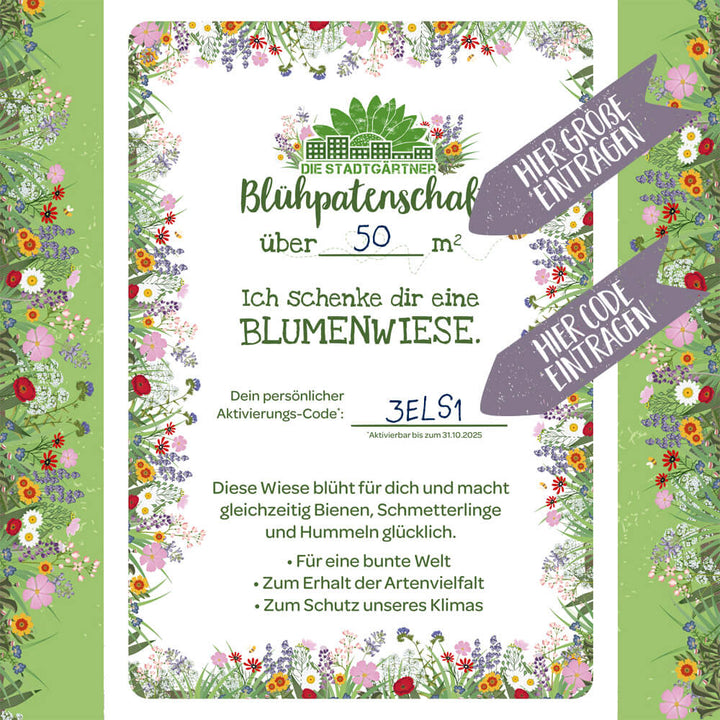 Certificado de patrocinio floral con motivo de prado de flores, texto para un prado de flores de más de 50 metros cuadrados, campos de código de activación personalizados, marcos coloridos con flores y flechas que indican "Ingrese el tamaño aquí" e "Ingrese el código aquí".