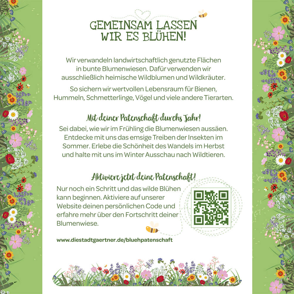 Infografía en alemán con texto sobre la creación de prados de flores para proteger insectos y vida silvestre, rodeada de coloridas ilustraciones de flores y un código QR.