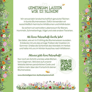 Infografía en alemán con texto sobre la creación de prados de flores para proteger insectos y vida silvestre, rodeada de coloridas ilustraciones de flores y un código QR.
