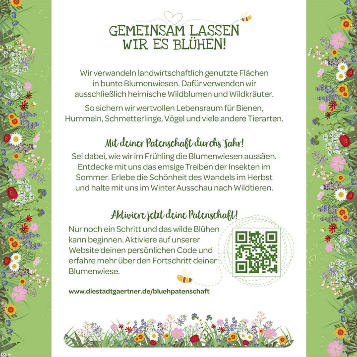 Infografía en alemán con texto sobre la creación de prados de flores para proteger insectos y vida silvestre, rodeada de coloridas ilustraciones de flores y un código QR.