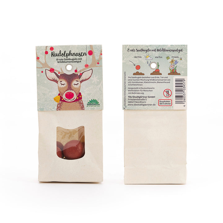 Dos bolsas de semillas de flores silvestres, una con un dibujo de un reno y la inscripción "Narices de Rudolph", la otra muestra el reverso con descripción e instrucciones.
