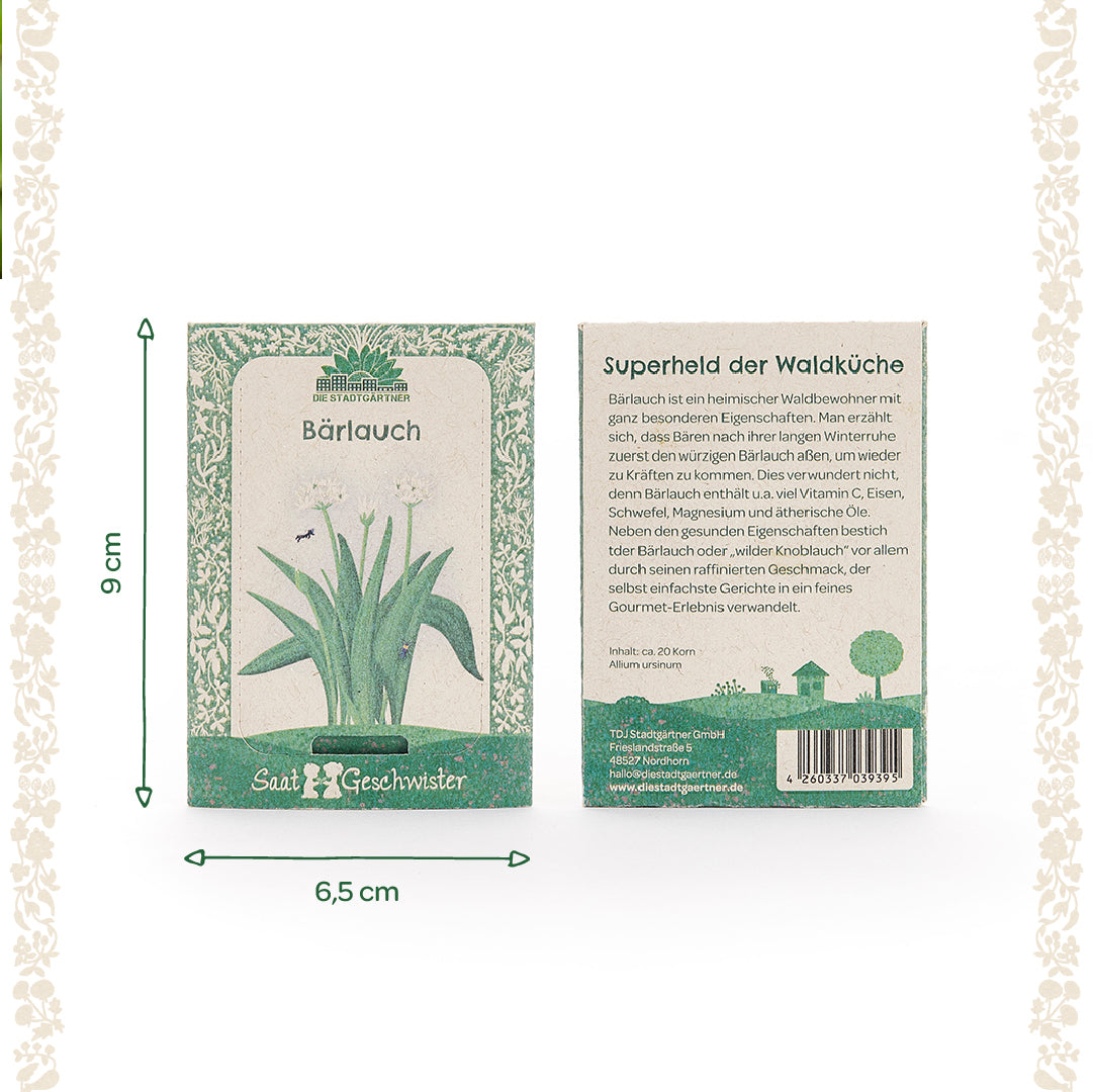 Dos paquetes de semillas de ajo silvestre de la marca "Die Stadtgärtner" con borde estampado en verde; parte delantera izquierda con ilustración de ajo silvestre y dimensiones 9 cm x 6,5 cm, parte trasera derecha con texto descriptivo.
