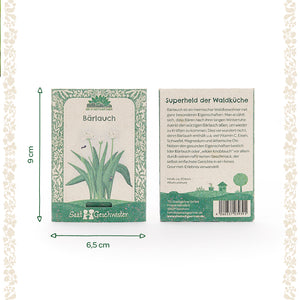 Dos paquetes de semillas de ajo silvestre de la marca "Die Stadtgärtner" con borde estampado en verde; parte delantera izquierda con ilustración de ajo silvestre y dimensiones 9 cm x 6,5 cm, parte trasera derecha con texto descriptivo.
