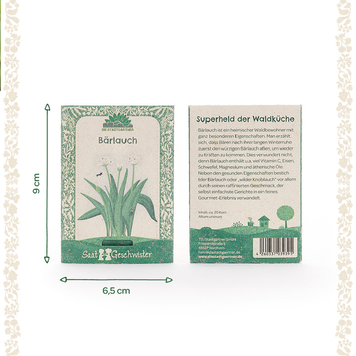 Dos paquetes de semillas de ajo silvestre de la marca "Die Stadtgärtner" con borde estampado en verde; parte delantera izquierda con ilustración de ajo silvestre y dimensiones 9 cm x 6,5 cm, parte trasera derecha con texto descriptivo.