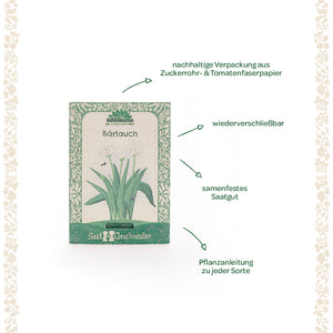 Paquete de semillas de ajo silvestre con embalaje sostenible, semillas resellables de polinización abierta e instrucciones de plantación.