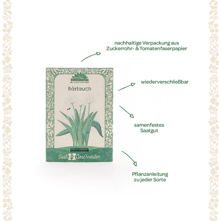 Paquete de semillas de ajo silvestre con embalaje sostenible, semillas resellables de polinización abierta e instrucciones de plantación.