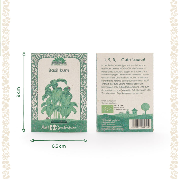 Dos paquetes de semillas verdes de albahaca de la marca "Die Stadtgärtner" con ilustraciones de plantas y dimensiones de 9 cm x 6,5 cm, con texto descriptivo en la parte delantera y trasera.
