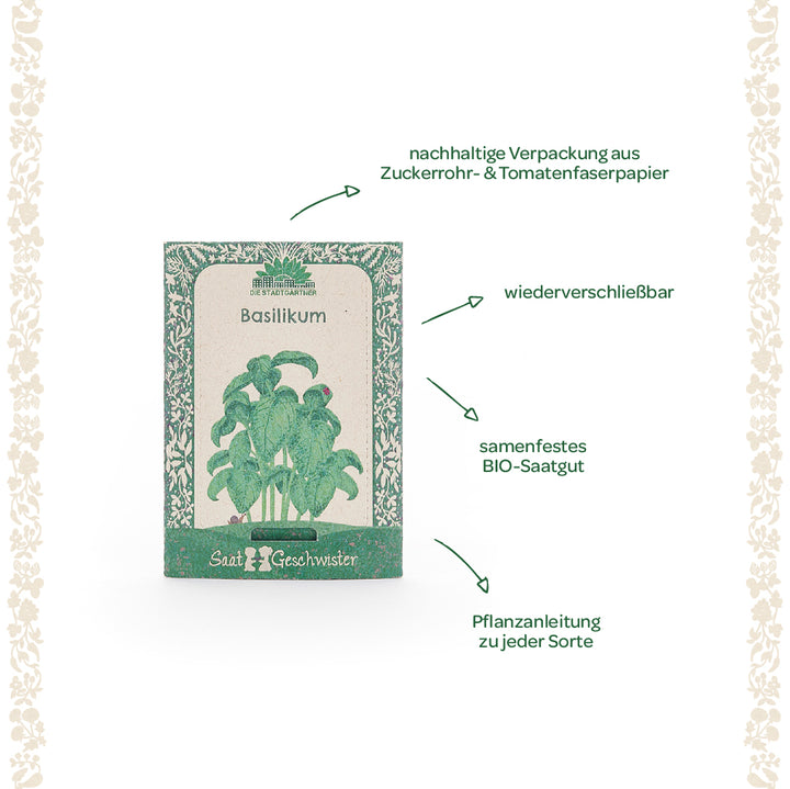 Empaque de semillas de albahaca con embalaje sustentable elaborado con papel de fibra de caña de azúcar y tomate, semillas orgánicas de polinización abierta resellables e instrucciones de siembra.