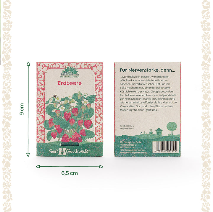 Dos sobres de semillas de fresa de la marca "Saatgeschwister", con una ilustración de fresa en la parte frontal y un texto descriptivo en la parte posterior. Dimensiones: 9 cm de alto y 6,5 cm de ancho.