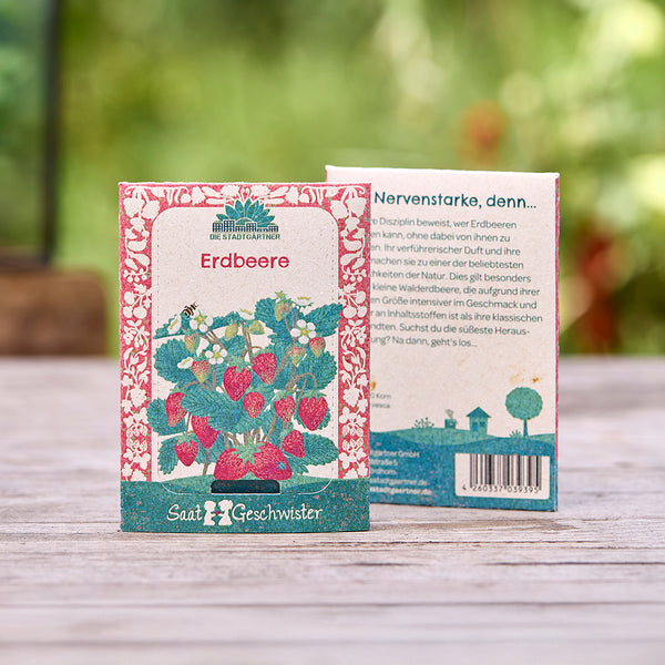 Dos paquetes de semillas de fresa con plantas de fresa ilustradas y patrones decorativos, sobre una mesa de madera al aire libre.