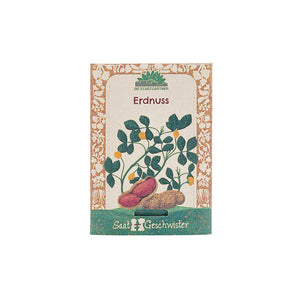 Paquete de semillas de maní con ilustración de la planta de maní y maní en el frente.