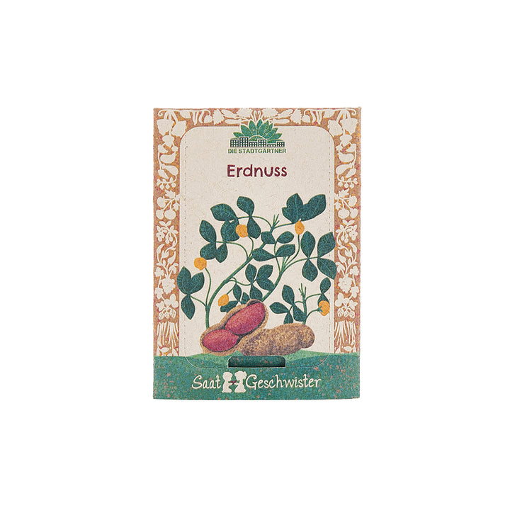 Paquete de semillas de maní con ilustración de la planta de maní y maní en el frente.