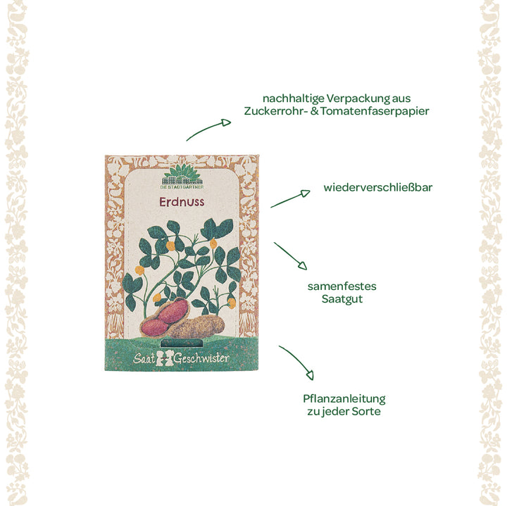 Paquete de semillas de maní con empaque sustentable elaborado a partir de papel de fibra de caña de azúcar y tomate; información sobre empaque resellable, semillas de polinización abierta e instrucciones de siembra.
