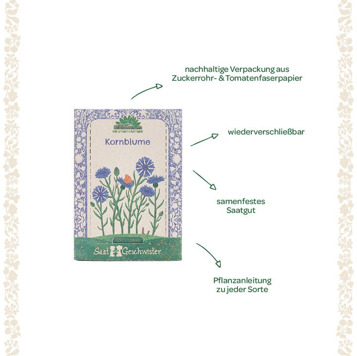 Bolsa de semillas de aciano con diseño de flores ilustrado, embalaje sustentable elaborado con papel de fibra de caña de azúcar y tomate, semillas resellables de polinización abierta e instrucciones de plantación.