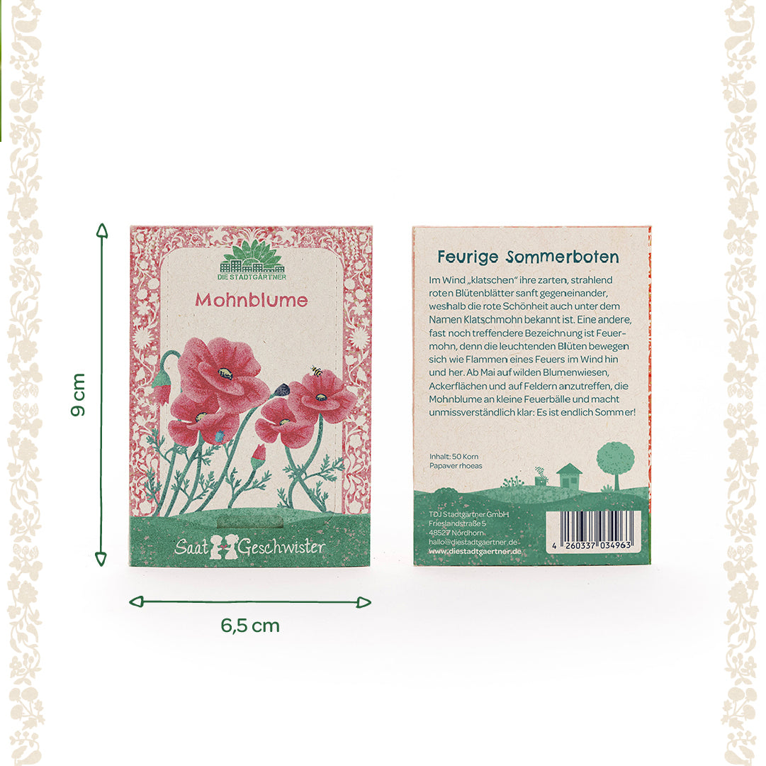 Dos paquetes de semillas de la marca "Die Stadtgärtner" para amapolas, anverso con ilustración de amapolas rojas, reverso con texto descriptivo, tamaño total 9 x 6,5 cm.