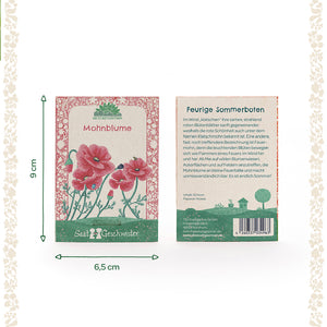 Dos paquetes de semillas de la marca "Die Stadtgärtner" para amapolas, anverso con ilustración de amapolas rojas, reverso con texto descriptivo, tamaño total 9 x 6,5 cm.