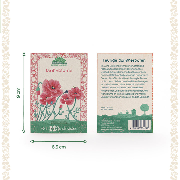 Dos paquetes de semillas de la marca "Die Stadtgärtner" para amapolas, anverso con ilustración de amapolas rojas, reverso con texto descriptivo, tamaño total 9 x 6,5 cm.