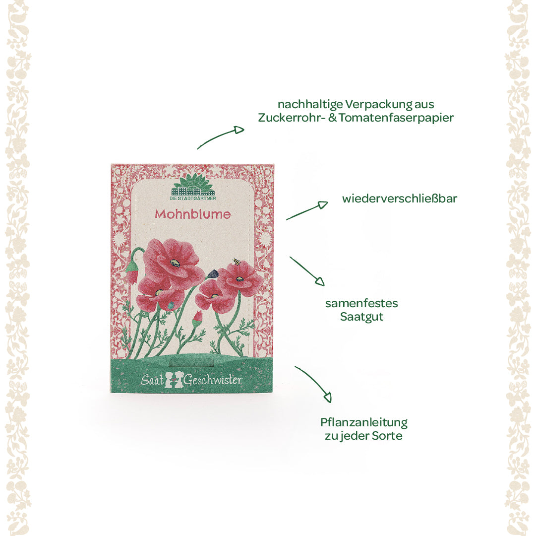 Paquete de semillas de amapola con amapolas rojas ilustradas, embalaje sostenible, semillas resellables de polinización abierta e instrucciones de plantación, rodeado de un borde floral.