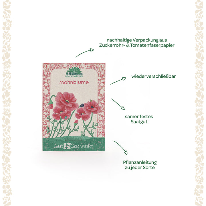 Paquete de semillas de amapola con amapolas rojas ilustradas, embalaje sostenible, semillas resellables de polinización abierta e instrucciones de plantación, rodeado de un borde floral.