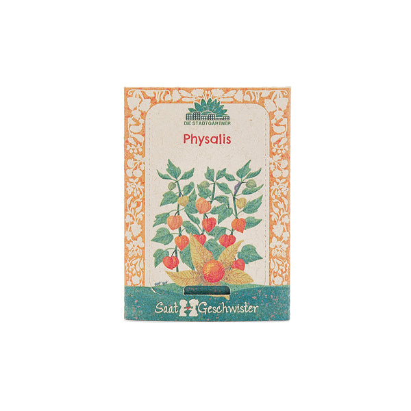 Bolsa de semillas para Physalis con ilustración colorida de la planta y borde de flores naranjas.