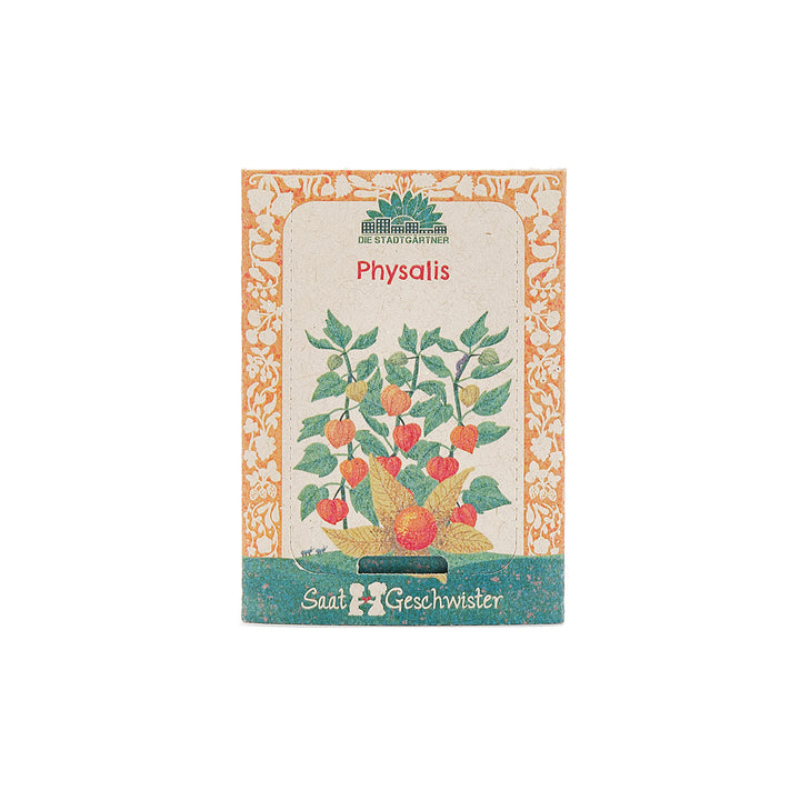 Bolsa de semillas para Physalis con ilustración colorida de la planta y borde de flores naranjas.