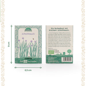 Dos paquetes de semillas de cebollino verde con decoración floral, dimensiones 9 x 6,5 cm, parte delantera con ilustración y abeja, parte trasera con descripción en alemán.