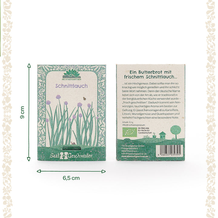 Dos paquetes de semillas de cebollino verde con decoración floral, dimensiones 9 x 6,5 cm, parte delantera con ilustración y abeja, parte trasera con descripción en alemán.