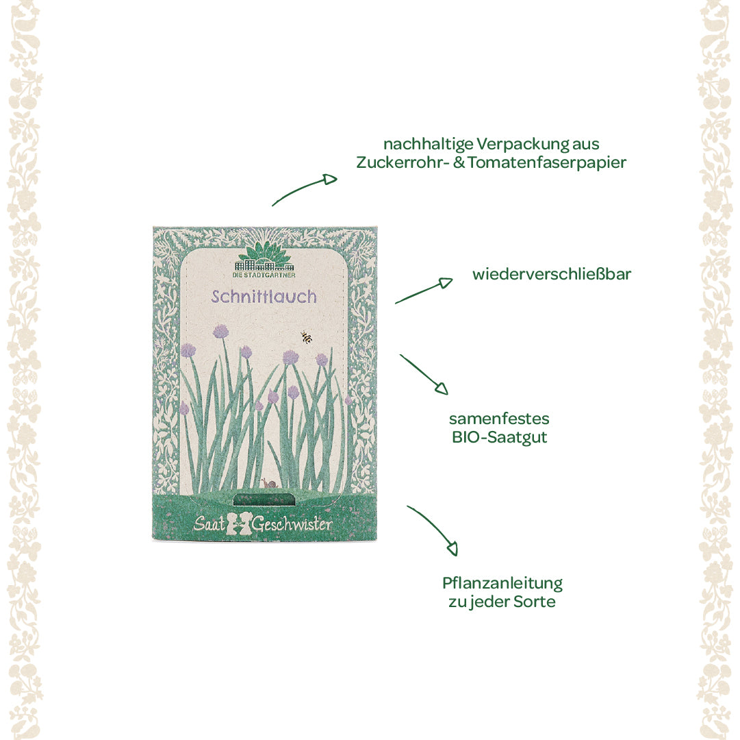 Paquete de semillas de cebollino con embalaje sostenible, semillas orgánicas de polinización abierta resellables e instrucciones de plantación, etiquetado en alemán.