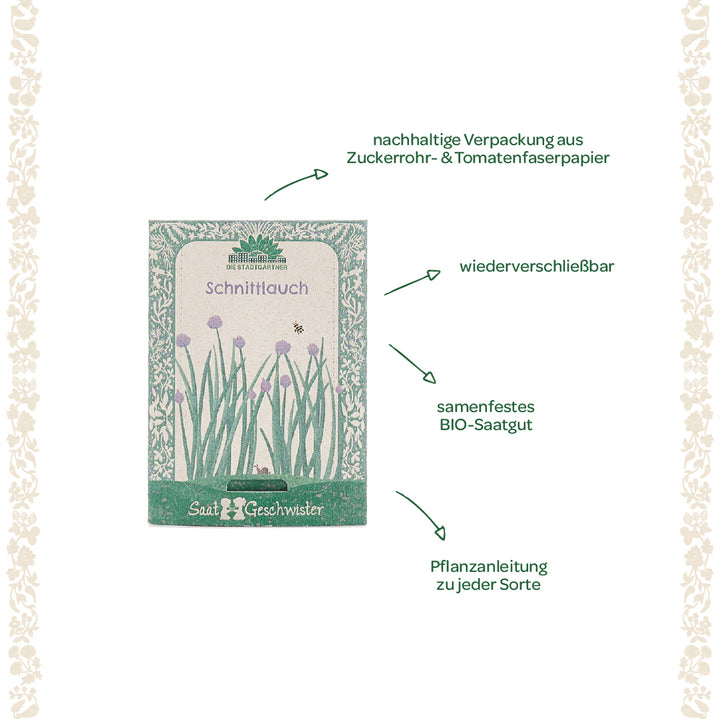 Paquete de semillas de cebollino con embalaje sostenible, semillas orgánicas de polinización abierta resellables e instrucciones de plantación, etiquetado en alemán.