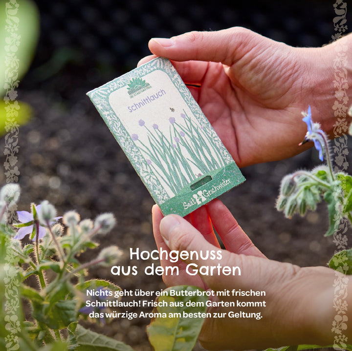Una persona sostiene un paquete de semillas de cebollino en el jardín, frente al cual hay plantas con flores y un texto que describe los placeres de la jardinería.