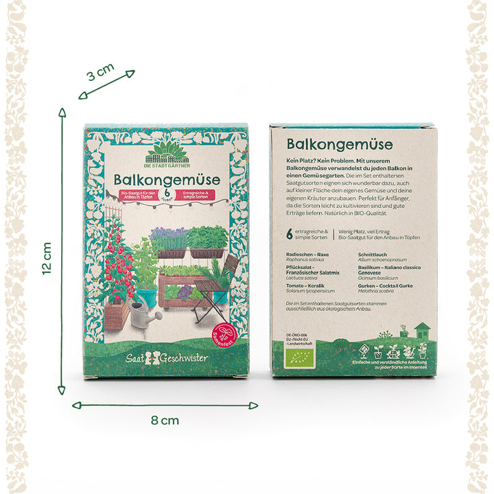 Dos paquetes de semillas "Hortalizas de Balcón" con descripciones detalladas e ilustraciones para cultivar hortalizas en el balcón, dimensiones 12 x 8 x 3 cm.