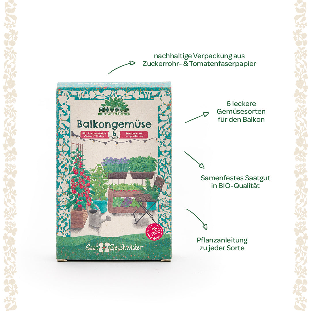 Embalaje para semillas de hortalizas de balcón con seis variedades de hortalizas, embalaje sostenible y calidad orgánica, incluye instrucciones de plantación para el balcón.