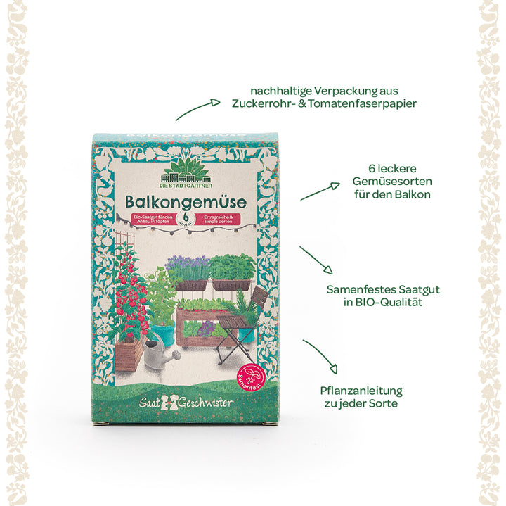 Embalaje para semillas de hortalizas de balcón con seis variedades de hortalizas, embalaje sostenible y calidad orgánica, incluye instrucciones de plantación para el balcón.