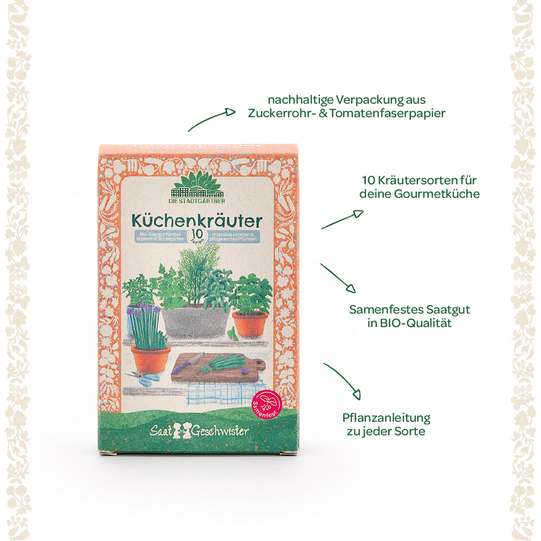 Embalaje etiquetado como “Hierbas de cocina”, que muestra varias macetas de hierbas y referencias a embalajes sustentables, semillas orgánicas e instrucciones de plantación.
