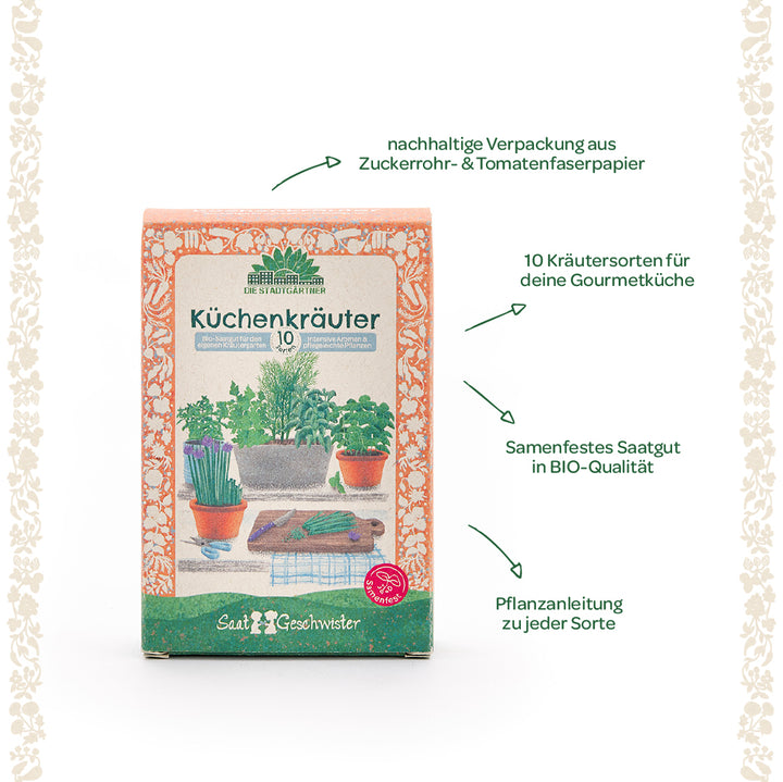 Embalaje etiquetado como “Hierbas de cocina”, que muestra varias macetas de hierbas y referencias a embalajes sustentables, semillas orgánicas e instrucciones de plantación.