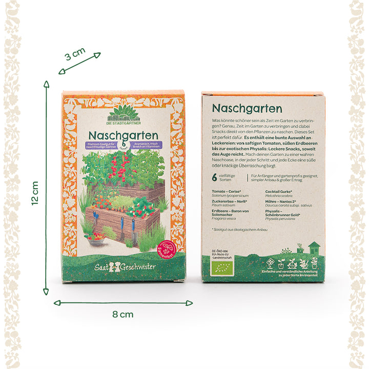 Dos cajas de semillas rectangulares con la inscripción "Naschgarten" e ilustraciones coloridas de verduras en el frente; las dimensiones de la caja son 12 cm de alto, 8 cm de ancho y 3 cm de profundidad.