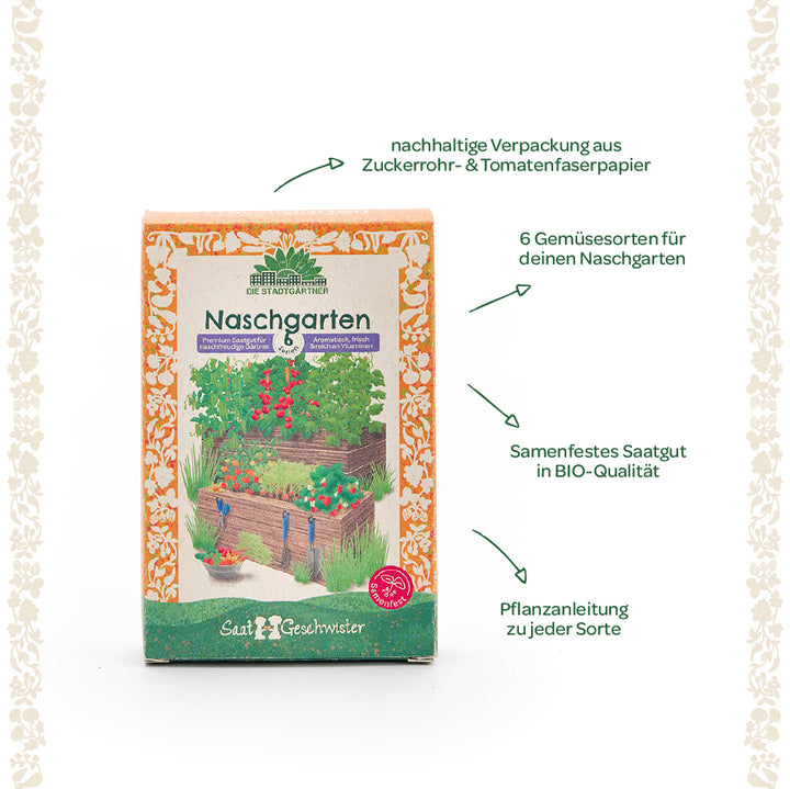 Embalaje para kit de semillas “Snack Garden” con seis variedades de hortalizas, embalaje sostenible elaborado con papel de fibra de caña de azúcar y tomate, semillas orgánicas de polinización abierta e instrucciones de siembra para cada variedad.