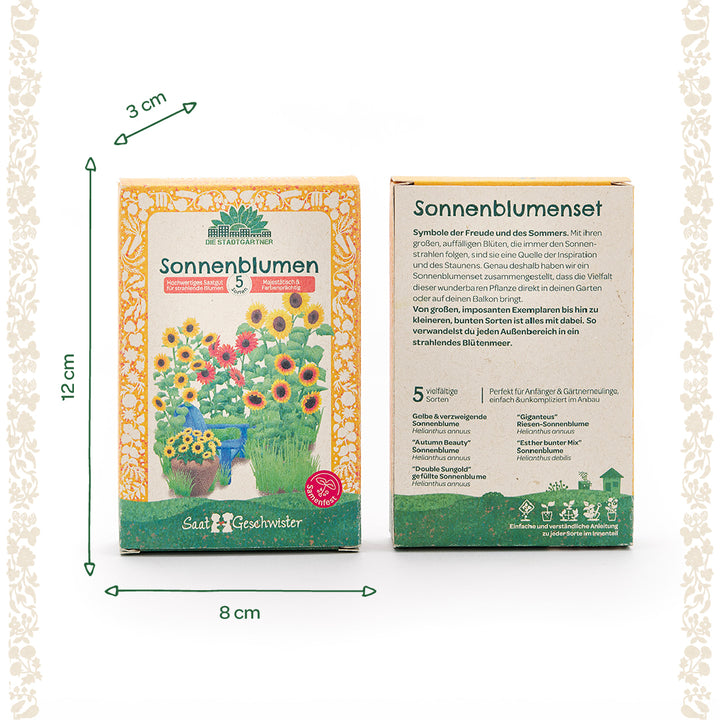 Dos juegos de semillas de girasol con diseño de color amarillo anaranjado, anverso con ilustraciones de girasoles, reverso con descripción y lista de variedades; dimensiones 12 cm de alto, 8 cm de ancho, 3 cm de fondo.