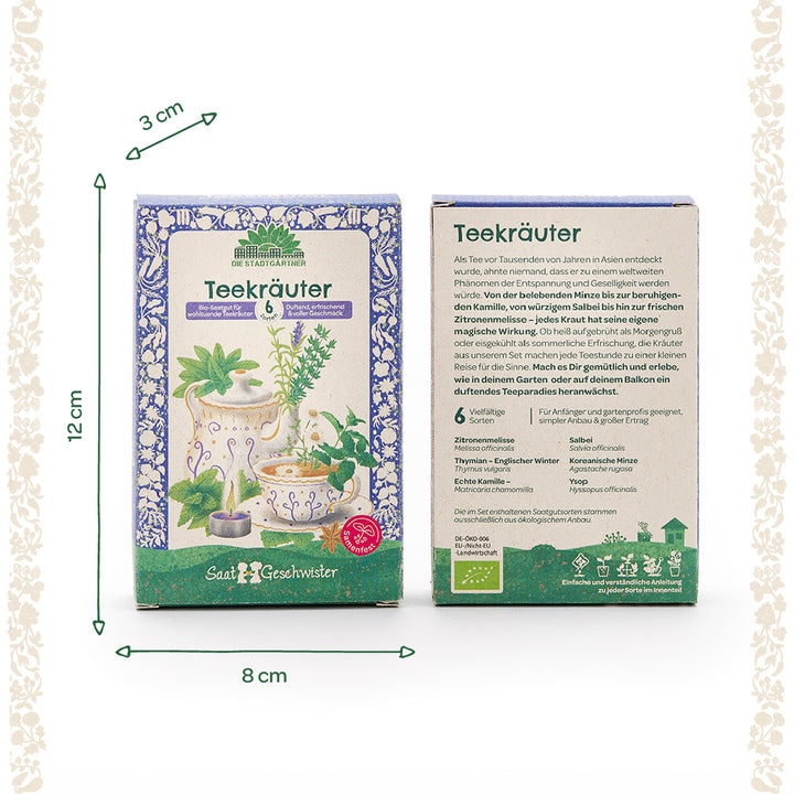 Dos paquetes de semillas de hierbas de té con descripciones detalladas e ilustraciones de hierbas, dimensiones 12 cm x 8 cm x 3 cm, sobre un fondo blanco.