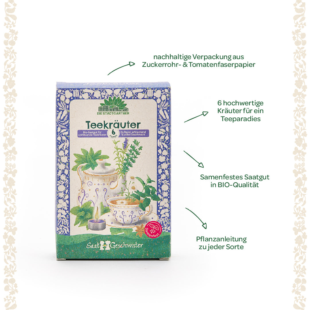 Envase de semillas de té de hierbas orgánicas con seis variedades de hierbas, papel de fibra de caña de azúcar y tomate sostenible, plantas ilustradas e información sobre la calidad orgánica e instrucciones de cultivo.