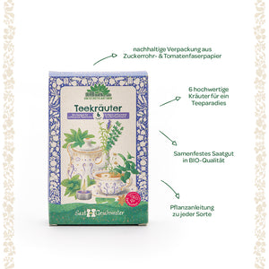 Envase de semillas de té de hierbas orgánicas con seis variedades de hierbas, papel de fibra de caña de azúcar y tomate sostenible, plantas ilustradas e información sobre la calidad orgánica e instrucciones de cultivo.